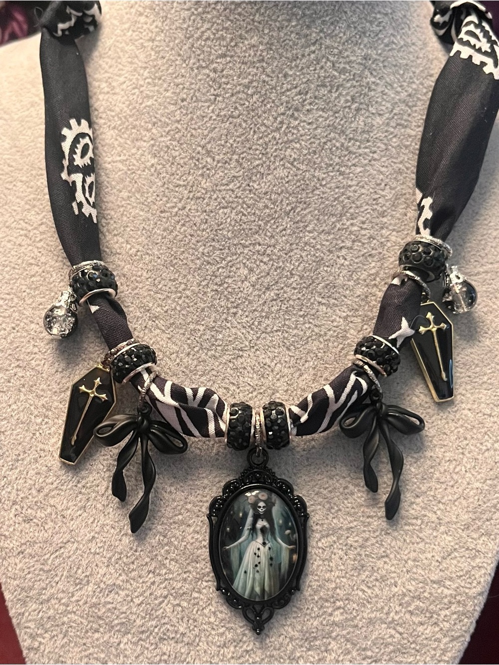 Gothic Black Day of the Dead Bandana Necklace with Sugar Skull Pendant